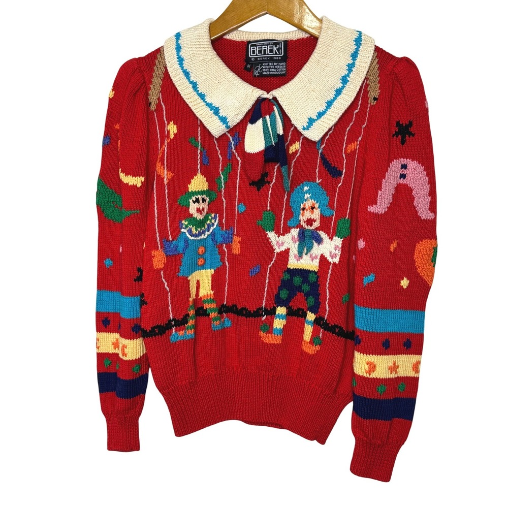 Vintage Berek Clown Puppets Sweater Womens M Red 1988